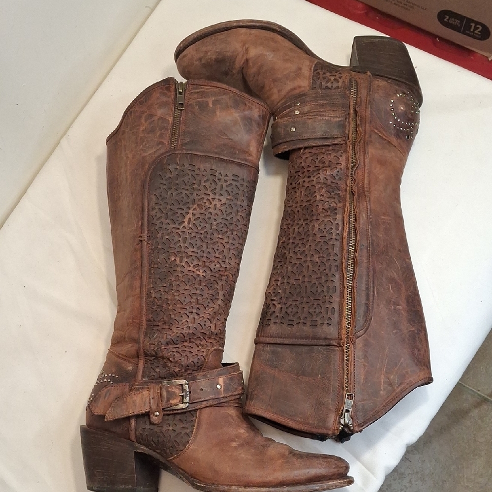 Black Star Women's Brown Heeled Tall Boots - Distressed Leather.Unique Design.